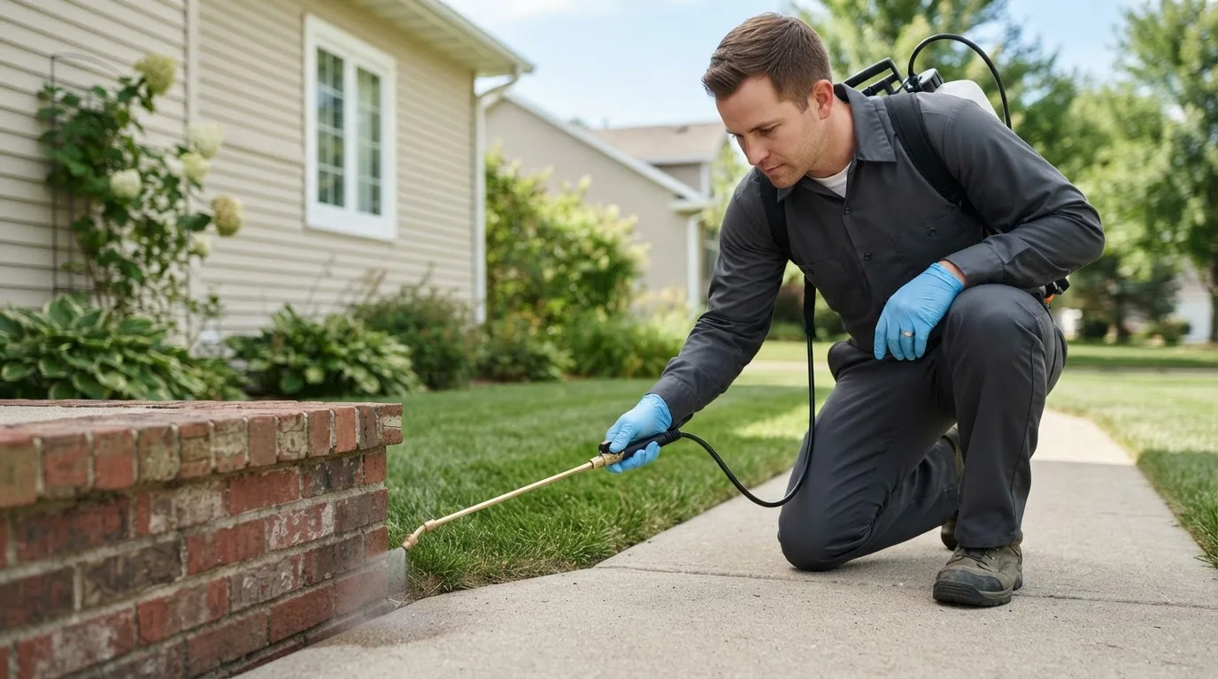 Pest control technician treating a home near Alvordton, OH
