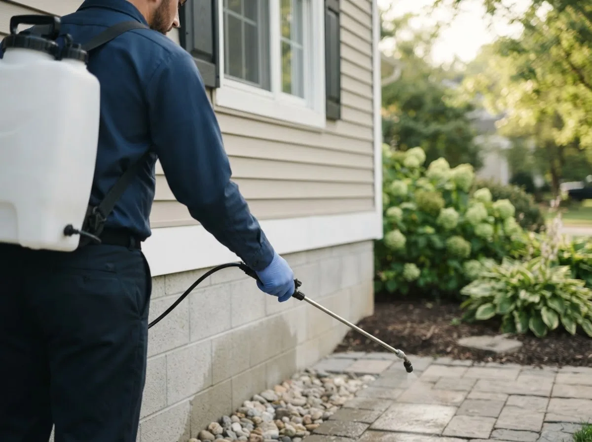 Pest control technician inspecting a home in Alvordton, OH